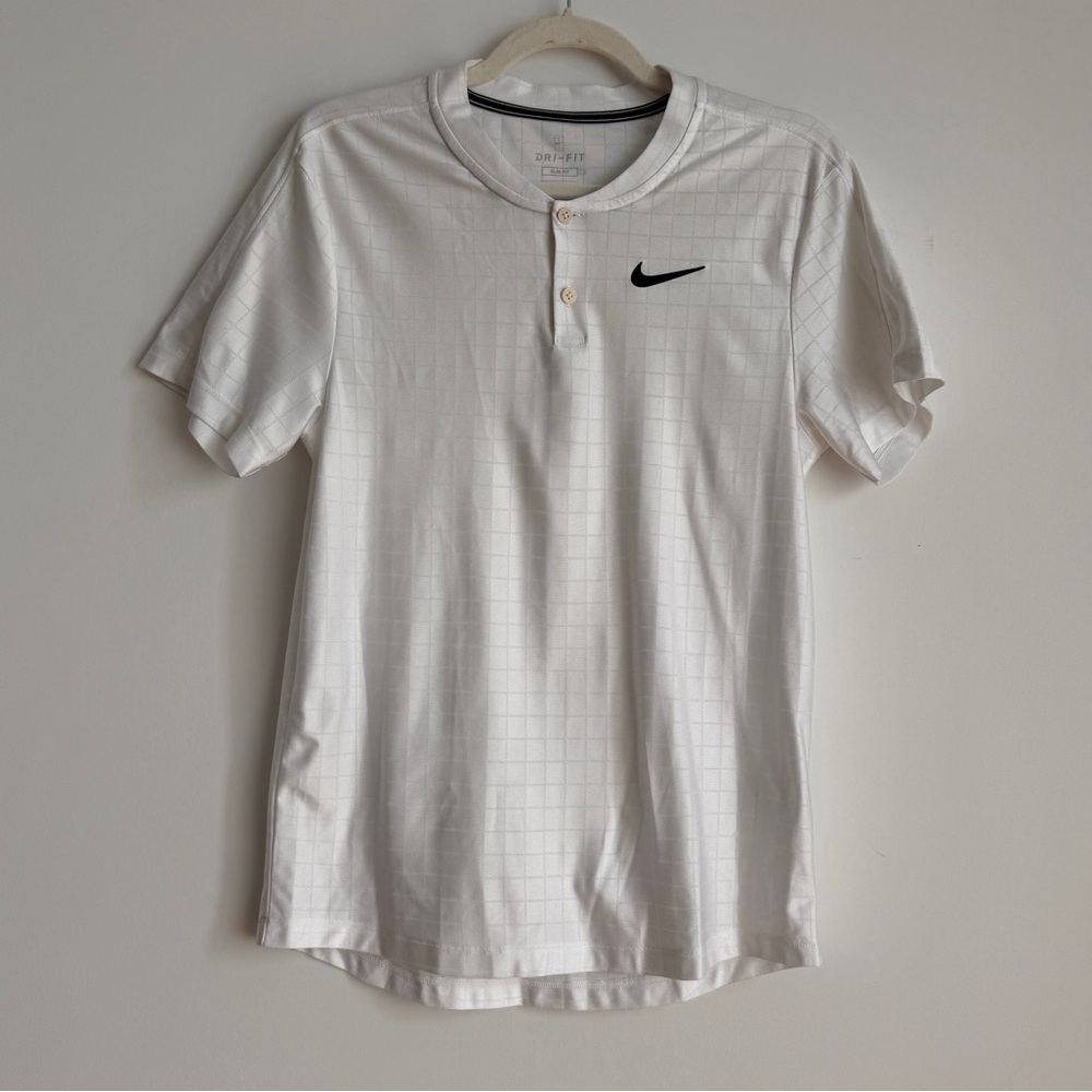 Nike White Men’s Short-Sleeve Henley Polo with Black Swoosh